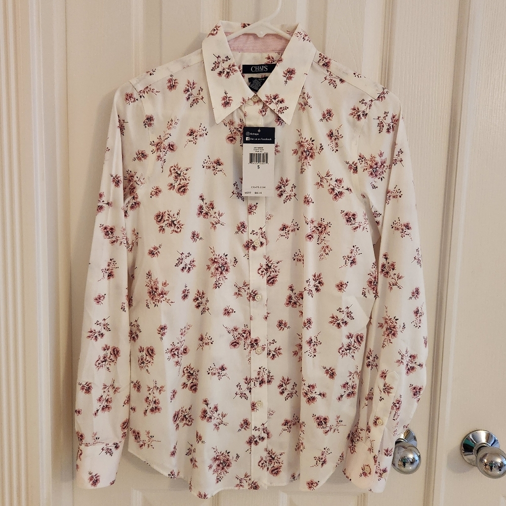 Chaps Women Dress Blouse White Pink Flowers Small Petite Long Sleeve